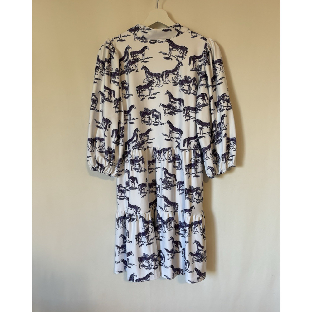 Smith & Quinn Dress Medium Mini Aline Puff Sleeve Horse
Print White Blue Stretch - Picture 11 of 12